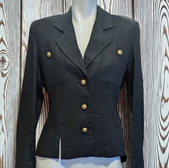 Kenar Jackets & Blazers - Kenar Black Linen Military Style Blazer with Gold Buttons